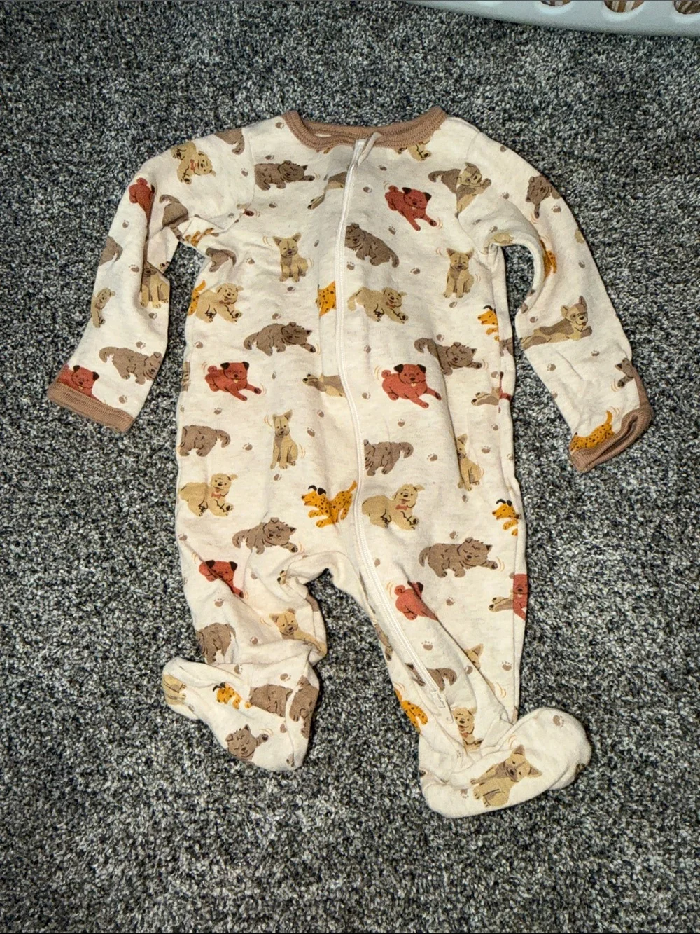 wonder nation Cream Puppy Print Footed One-Piece with Brown Trim